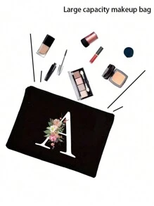 1pc Initials Printed Women's Makeup Bag, Black Small Bag, White Letters A-Z, Cosmetic Bag, Portable Wash Bag, Teacher's Day Gift, Reusable Makeup Bag, Women's Simple And Large Capacity Travel Makeup Bag Suitable For Men And Women, Couples, Daily Use, Birthdays, Holidays, Back To School, Vacation, Beach, Travel, Students, Daily Storage, Personalized Gift Bag, Suitable For Weddings, Mother And Grandmother's Birthday Gifts, Ladies, Friends, Bridesmaids, Travel Essentials Makeup Organizer - Black - View 9