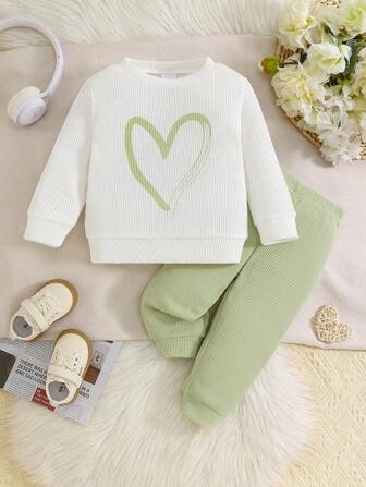 2pcs/Set Spring & Autumn Baby Girls Casual Heart Graphic Waffle Knit Crew Neck Long Sleeve Tops & Solid Color Pants, College Style, Suitable For Valentine's Day
