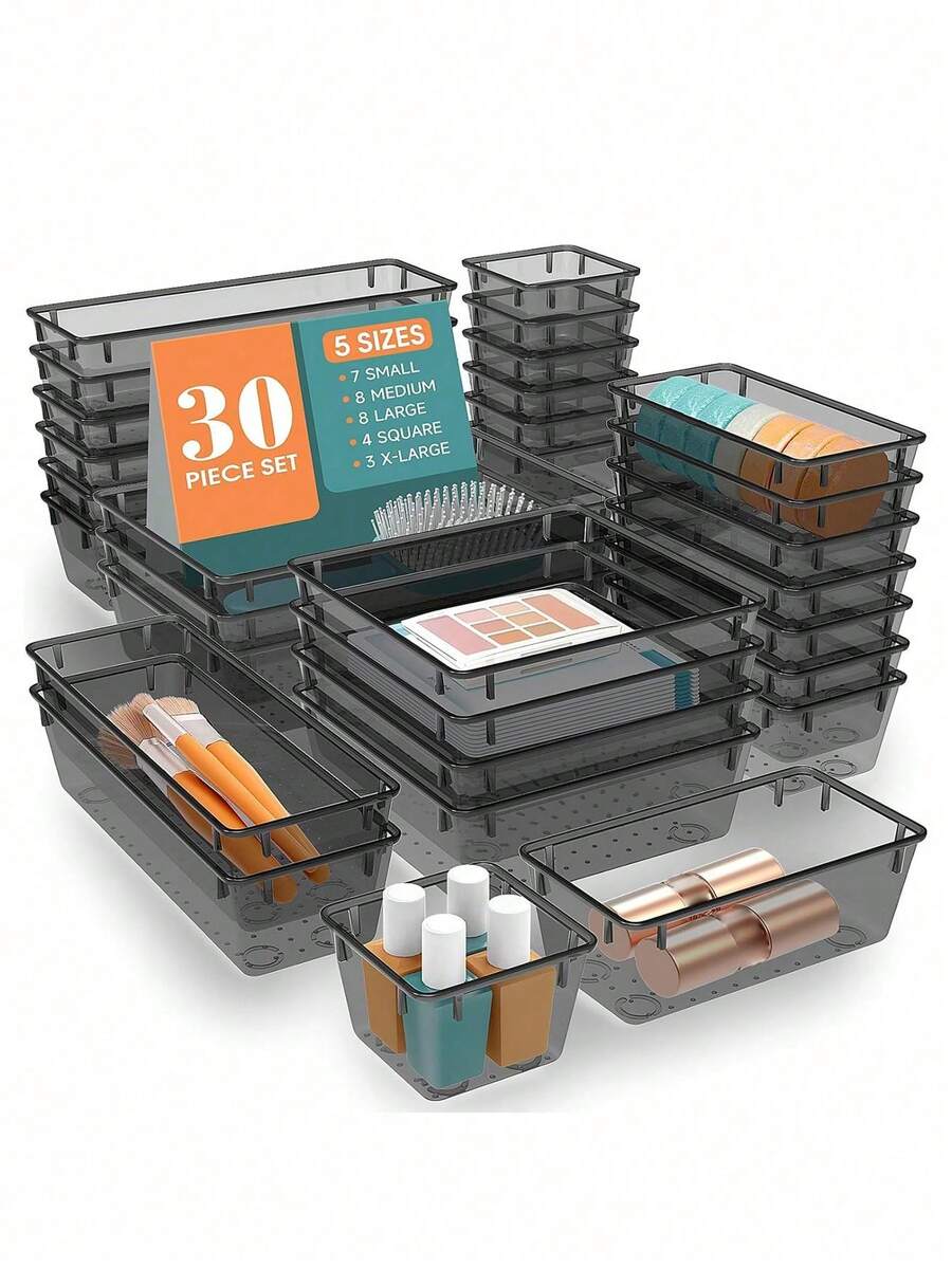 WOWBOX 30 件透明塑料抽屉整理器套装,5 种尺寸办公桌抽屉隔板整理器和储物箱,适用于化妆品、珠宝、厨房、卧室、浴室、办公室的小工具 - 彩色 - 查看 1