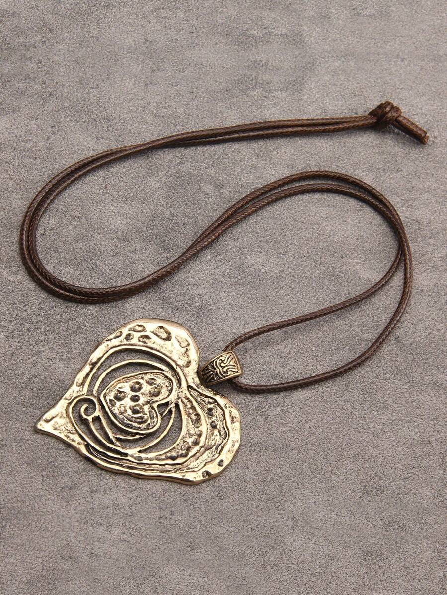 Multi-Layered Asymmetrical Heart-Inspired Distressed Style Pendant Necklace With Large Heart-Shaped Element, Gothic Hip-Hop Style Jewelry For Men And Women, Perfect For Daily Wear As Well As Festival Gifts Valentines,Mom,Mother,Mother's Day,Gift - Wax Rope Style - View 1