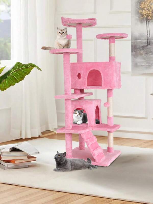 Cat Tree Tower For Indoor Cats, 53.9in Multi-Level Cat Furniture Activity Center, Kitty Play House With Sisal Scratching Post, Large Dual Condo, Climbing Ladder, Plush Toy For Kitten