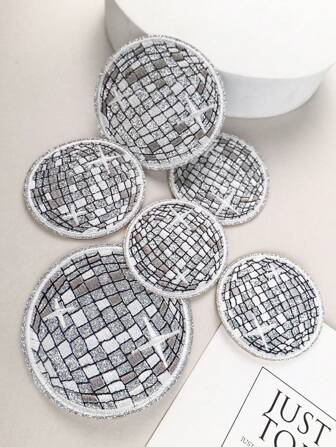 6pcs Disco Ball Silver Color Patches, Cartoon Embroidered Sew-On Decor, Suitable For Clothes, Shoes, Bags, DIY Crafts