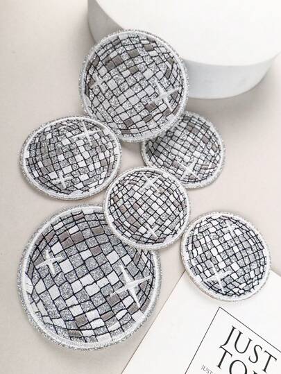 6pcs Disco Ball Silver Color Patches, Cartoon Embroidered Sew-On Decor, Suitable For Clothes, Shoes, Bags, DIY Crafts