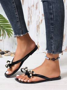 Dép xỏ ngón đế bằng đính nơ thanh lịch cho nữ, hở ngón, thường ngày, ngoài trời, thời trang, đi biển, ngày lễ - màu đen - Xem 5