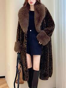 Women Leopard Print Fluffy V-Neck Cardigan - Coffee Brown - View 4