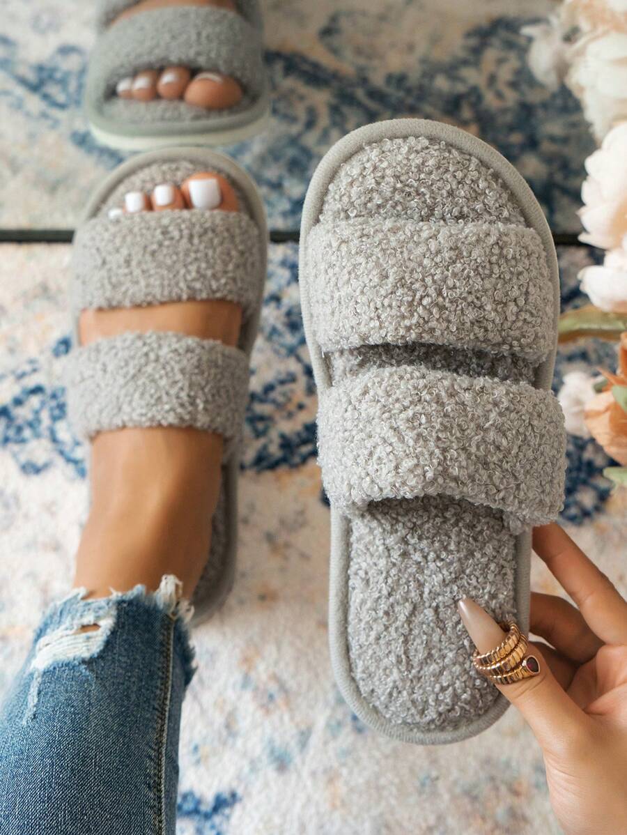 Fashionable Simple Solid Color Faux Sherpa Fur Comfortable Indoor Outdoor Travel Vacation Open Toe Slippers