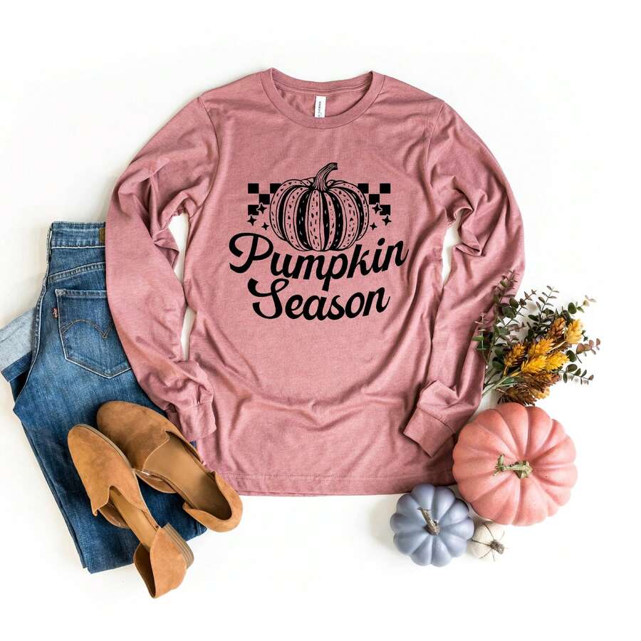 Checkered Pumpkin Season Cursive | Long Sleeve Crewneck - 乾枯玫瑰色 - 查看 1
