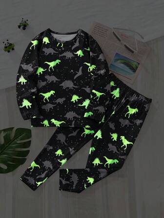 Young Boy Casual Long Sleeve & Long Pants Set, Cartoon Dinosaur Glow-In-The-Dark Print, Fashionable Stylish For Spring/Summer