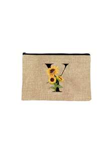 1pc Initials Printed Women's Makeup Bag, Khaki Small Bag, Sunflower Flower Print, Letters A-Z, Cosmetic Bag, Portable Wash Bag, Teacher's Day Gift, Reusable Makeup Bag, Women's Simple And Large Capacity Makeup Bag, Suitable For Weddings, Mother And Grandmother's Birthday Gifts, Ladies, Friends, Bridesmaids, Essentials Make Up Bag Holiday Essentials Makeup Bags Makeup Pouch 2024 Makeup Organizer Make Up Organizer Makeup Storage - Khaki - View 25