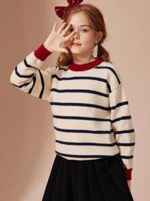ASK JUNIOR Tween Girls 条纹拼色针织毛衣，舒适温暖，秋季 - 彩色 - 查看 9