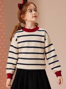ASK JUNIOR Tween Girls 条纹拼色针织毛衣，舒适温暖，秋季 - 彩色 - 查看 8