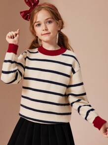 ASK JUNIOR Tween Girls 条纹拼色针织毛衣，舒适温暖，秋季 - 彩色 - 查看 6