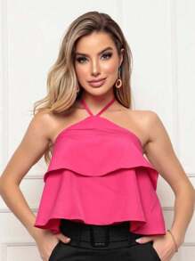 Cropped Top With Two Ruffles And Tie At The Neck - Màu Hồng Tươi - Xem 1