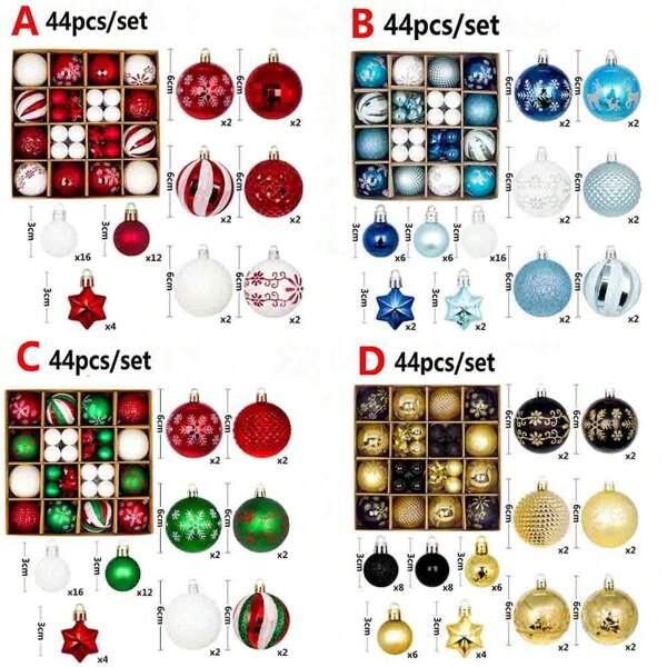 Un coffret cadeau de décoration de Noël contenant de grosses et de petites boules pour décorer la scène de la fête de Noël, décorations pour sapin de Noël, Noël