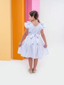 Christmas Dress Girl Gift Children's Fashion Youth Fashion Blogger Luxury Details Sleeve Bow Beautiful - 白色 - 查看 3