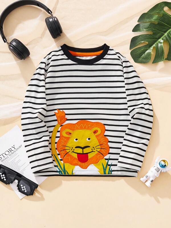 Young Boys Striped T-Shirt With Cartoon Lion Embroidery, Casual Top For Autumn Winter