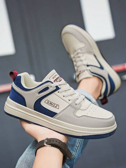Men's Casual Lace-Up Splicing Color Block Sneakers, Personalized Comfortable Daily Campus Street Sports Couple Shoes