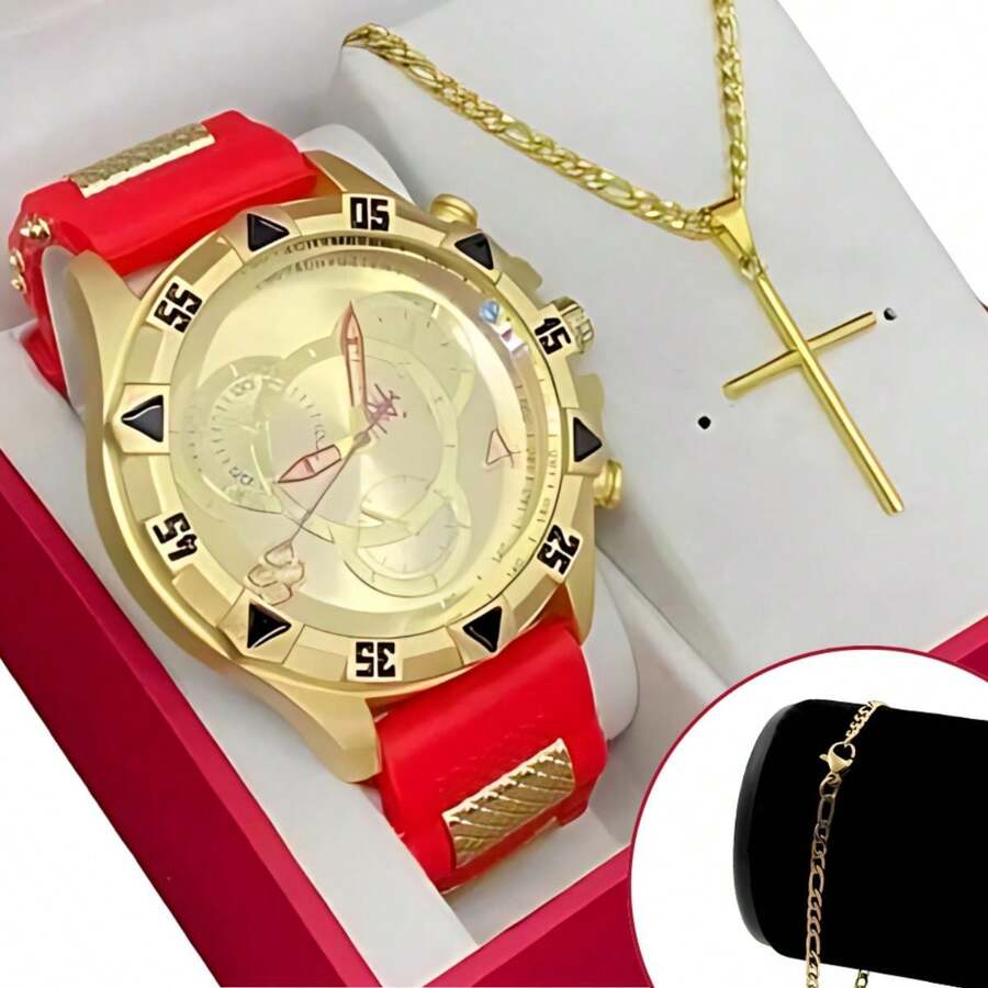 Conjunto Relogio Masculino Aço Inoxidável Pulseira de Silicone + Cordão Pulseira e Pingente