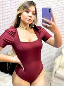 Women's Padded Bodysuit Square Neck Blouse Puff Sleeve Princess Bori With Padded Fashion - 酒紅色 - 查看 2