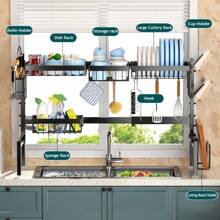 2 层水槽上方碗碟干燥架，厨房水槽上方大型碗碟干燥架，适用于厨房水槽收纳架的大型碗碟架（26 英寸 - 33.5 英寸），适用于大多数水槽，有效干燥碗碟（可扩展高度和长度），带多个篮子餐具架杯架的厨房干燥架