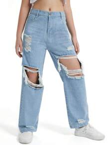 EXARUS 青少年女孩牛仔裤 宽腿宽松破洞破洞牛仔裤 高腰松紧带休闲带口袋儿童直筒牛仔裤