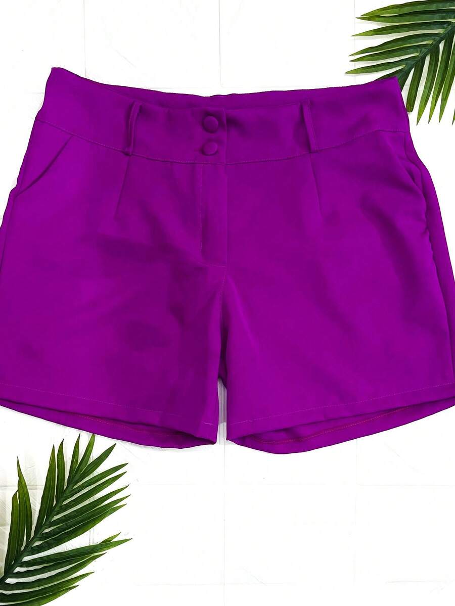 Women's High Waist Plus Size Tailored Shorts With Button, Zipper And Pockets With Space For A Belt - Màu đỏ tím - Xem 1