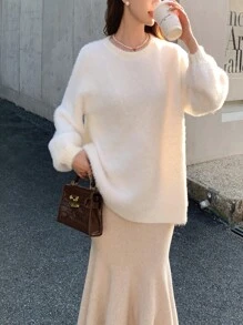 女式简约纯色圆领长袖针织套头衫 - 白色 - 查看 1