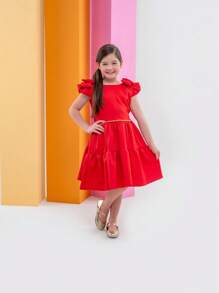 Christmas Dress Girl Gift Children's Fashion Youth Fashion Blogger Luxury Details Sleeve Bow Beautiful - Merah - View 2