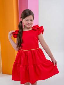 Christmas Dress Girl Gift Children's Fashion Youth Fashion Blogger Luxury Details Sleeve Bow Beautiful - Merah - View 5