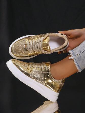 Korean Style Platform Glitter Fashion Sneakers, Casual Breathable Lightweight Outdoor Flat Shoes