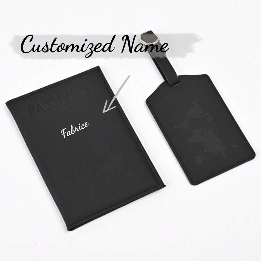 2pcs Customized Name Map Passport Holder, Portable Universal Couple Passport Cover For Women Men, PU Leather Airplane Travel Wallet Case Organiser For Passport Credit Cards Boarding Passes - Black - View 1