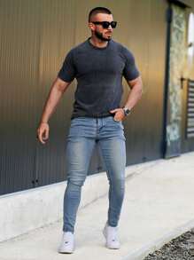 GINGTTO Men's Front Button Closure Multi-Pocket Simple Style Casual Denim Pants, For Everyday Wear - Blue - View 3