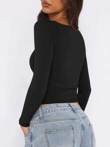 2024 Nuevo Otoño Suéter ajustado sexy de punto con cuello asimétrico estilo Y2K para mujer, negro - Negro - Ver 5