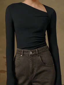 2024 Nuevo Otoño Suéter ajustado sexy de punto con cuello asimétrico estilo Y2K para mujer, negro - Negro - Ver 2