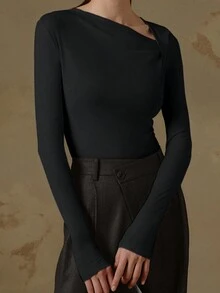 2024 Nuevo Otoño Suéter ajustado sexy de punto con cuello asimétrico estilo Y2K para mujer, negro - Negro - Ver 3