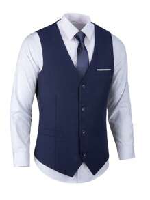 Furuyal Men's Suit, Gentleman Minimalist Slim Fit Single-Breasted 3 Pieces Set, Includes Jacket, Vest And Pants, Suitable For Weddings, Parties, Galas And Other Occasions To Showcase Gentlemanly Style, Navy Blue, Size XS-XXXL - Navy Blue - View 9