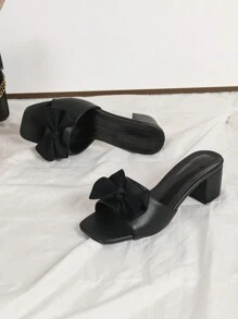 2.5 英寸粗跟露趾时尚黑色高跟凉鞋，2025 年新款优雅女士休闲蝴蝶结高跟鞋 - 黑色 - 查看 3