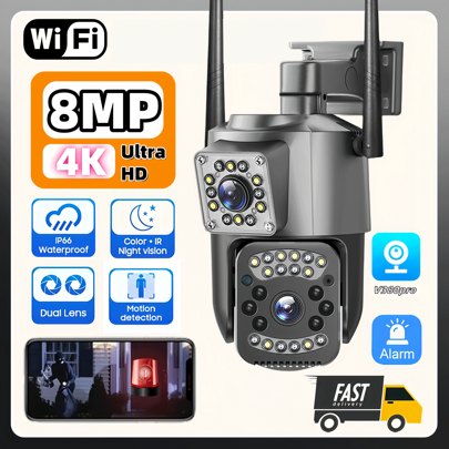 SWVW Câmera IP WiFi de 8MP 4K HD com lente dupla e zoom de 10X, visão noturna, detecção humana por IA, PTZ, câmera de vídeo externa sem fio V380 Pro CCTV, proteção de segurança