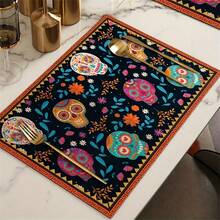 4pcs/Set, Sugar Skull & Flower Printed Placemats, Holiday Dining Table Mats, Polyester Colorful Floral Pattern, Suitable For Party & Home Decor - Multicolor - View 4