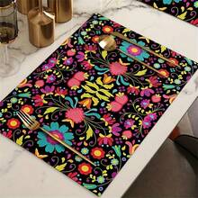 4pcs/Set, Sugar Skull & Flower Printed Placemats, Holiday Dining Table Mats, Polyester Colorful Floral Pattern, Suitable For Party & Home Decor - Multicolor - View 5