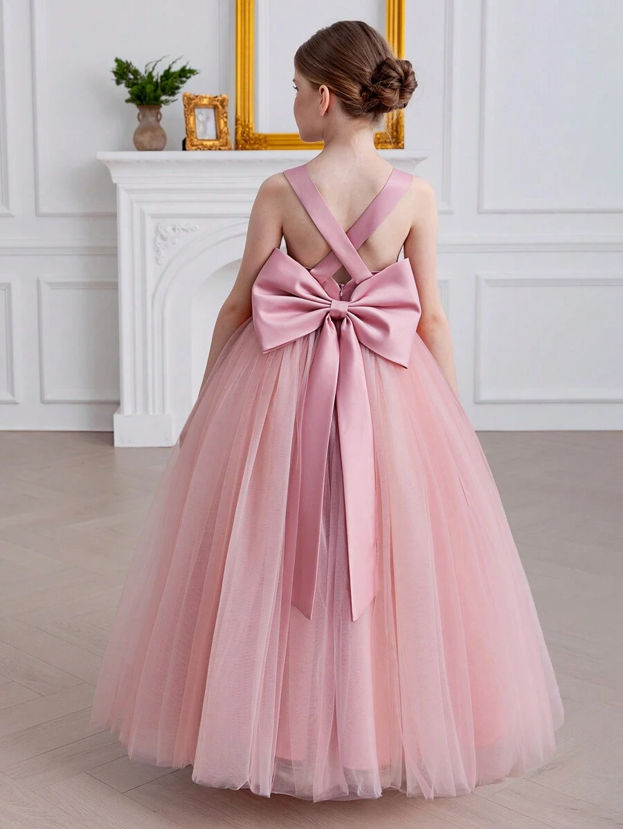 Tween Girls Bowknot Back Tulle Party Dress For Easter, Princess Pageant Gown Suitable For Birthday Party, Wedding, Formal Events, Holiday - Pink - View 1