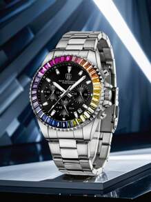 1pc Luxury Business Men's Watch, Chronograph, Rainbow Case Men's Stainless Steel Strap Calendar Night Light Quartz Watch, Men's Casual Watch, Waterproof Clock Women's Watch+Free Chain Link Remover