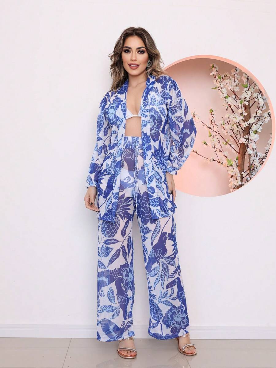 Printed Tulle Beach Cover-Up Shirt And Pants Set - 藍色 - 查看 1