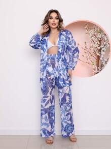 Printed Tulle Beach Cover-Up Shirt And Pants Set - 藍色 - 查看 2