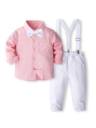 KIMOCAT 2 件套男童正式派对粉色衬衫和白色吊带裤套装
