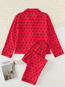 2 Pieces Set Women's Bubble Wrinkled Heart Printed Long Sleeve Shirt With Lapel Collar And Long Pants Pajama For Women Set, Comfortable For Home Use Autumn & Winter Loungewear Set - Rose Red - View 2