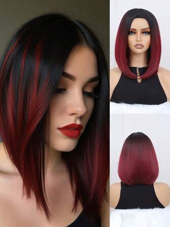 Peluca sintética de cabello corto y recto de 12 pulgadas de color negro y multicolor para mujer, con raya al medio, resistente al calor, ideal para fiestas, Halloween, Navidad, Año Nuevo, carnavales y festivales de música. Estilo de peluca de moda para cosplay.