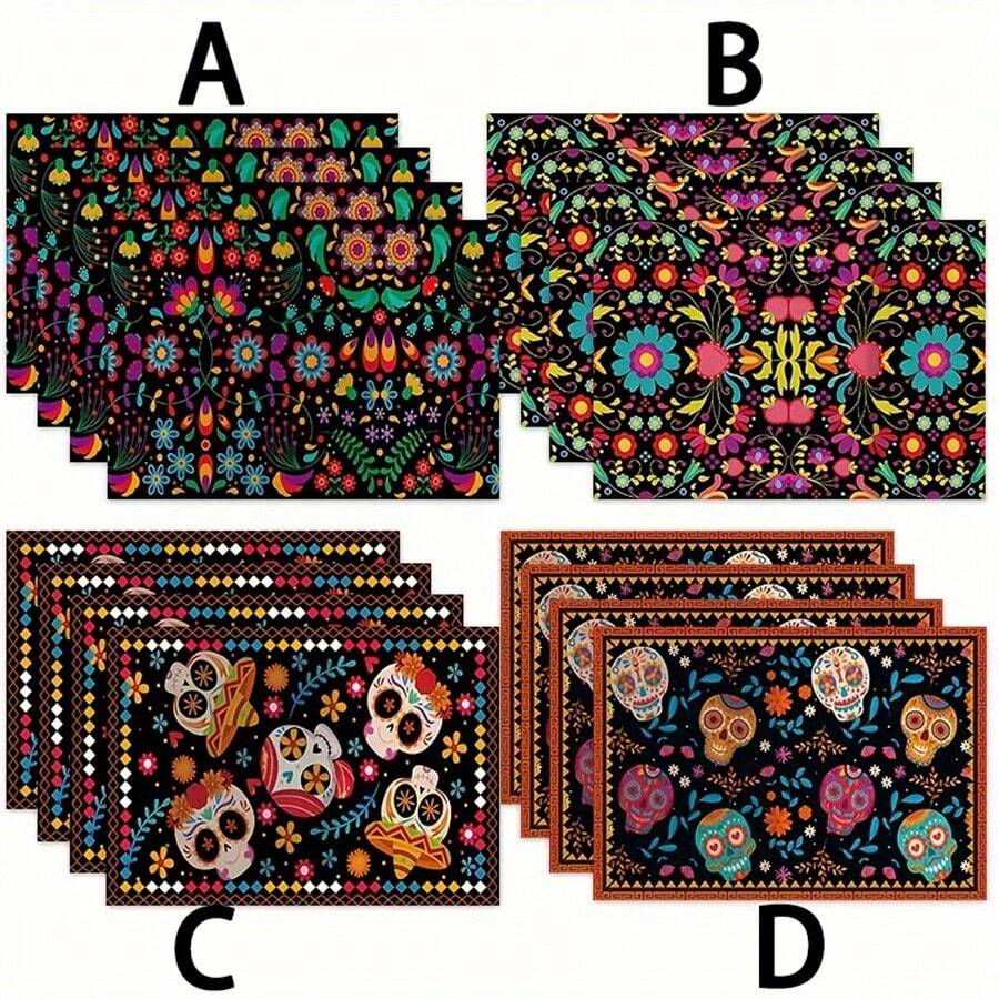 4pcs/Set, Sugar Skull & Flower Printed Placemats, Holiday Dining Table Mats, Polyester Colorful Floral Pattern, Suitable For Party & Home Decor - Multicolor - View 1