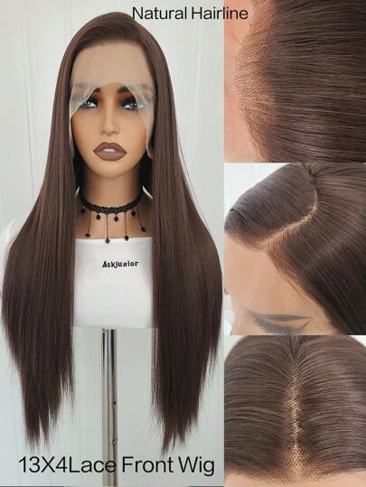 Pelucas Sintéticas De Encaje Frontal De 13x4 Rectas De 24 Pulgadas De Longitud Para Uso Diario Hechas De Fibra Resistente Al Calor Y Con Raya Libre
