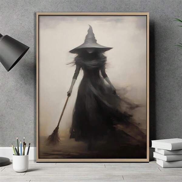 1pc Wooden Framed Canvas Poster Dark And Moody Wall Art Vintage Rustic Witch Posters Dark Gothic Posters Vintage Witch Wall Art Goth Spooky Season Poster Halloween Prints For Home Decor Vintage Dark Moody Painting Halloween Decor Fall Decor Room Decor
